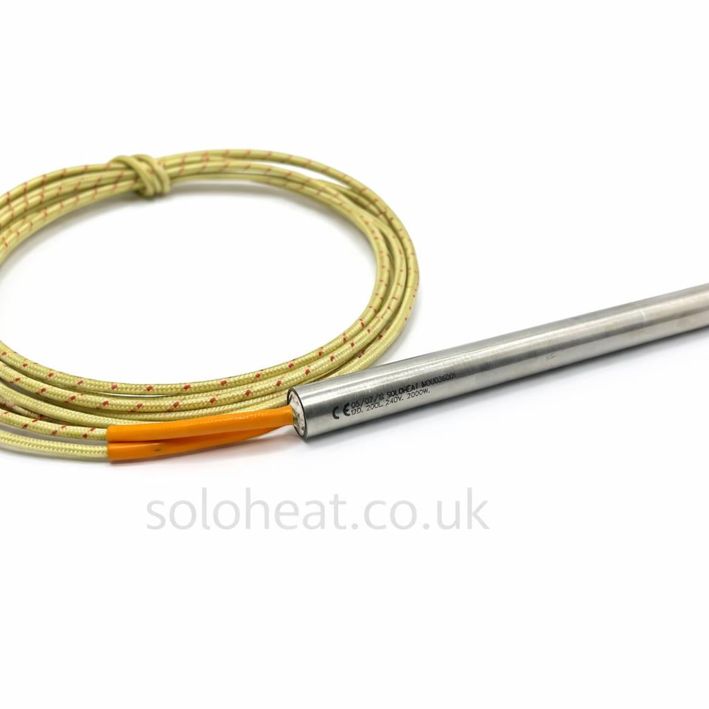 Cartridge Heater – 6.5mm dia (1/4") x 165mm (6.5") long, 1000mm fibre glass insulated leads, Rated: 230V Power as per drop down box